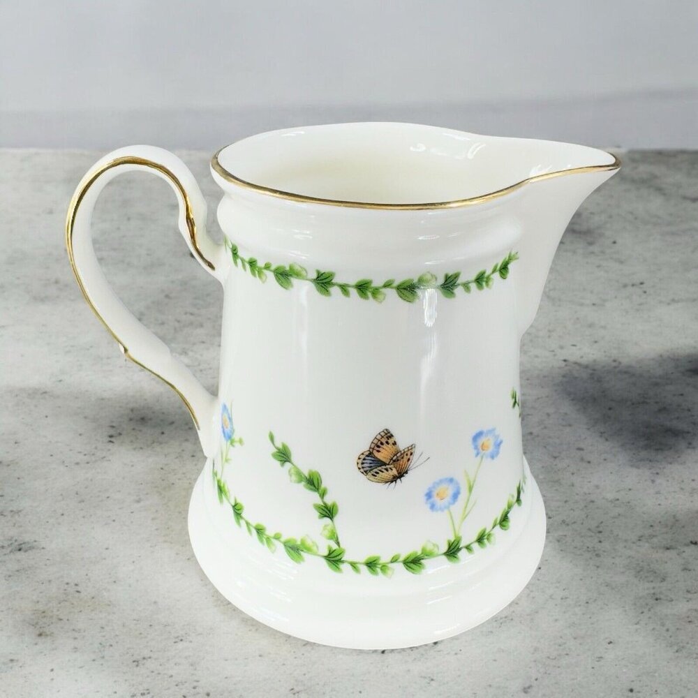 Meritage‎ Porcelain Pitcher Carafe Creamer Blue Flowers And Butterflies Pitcher
